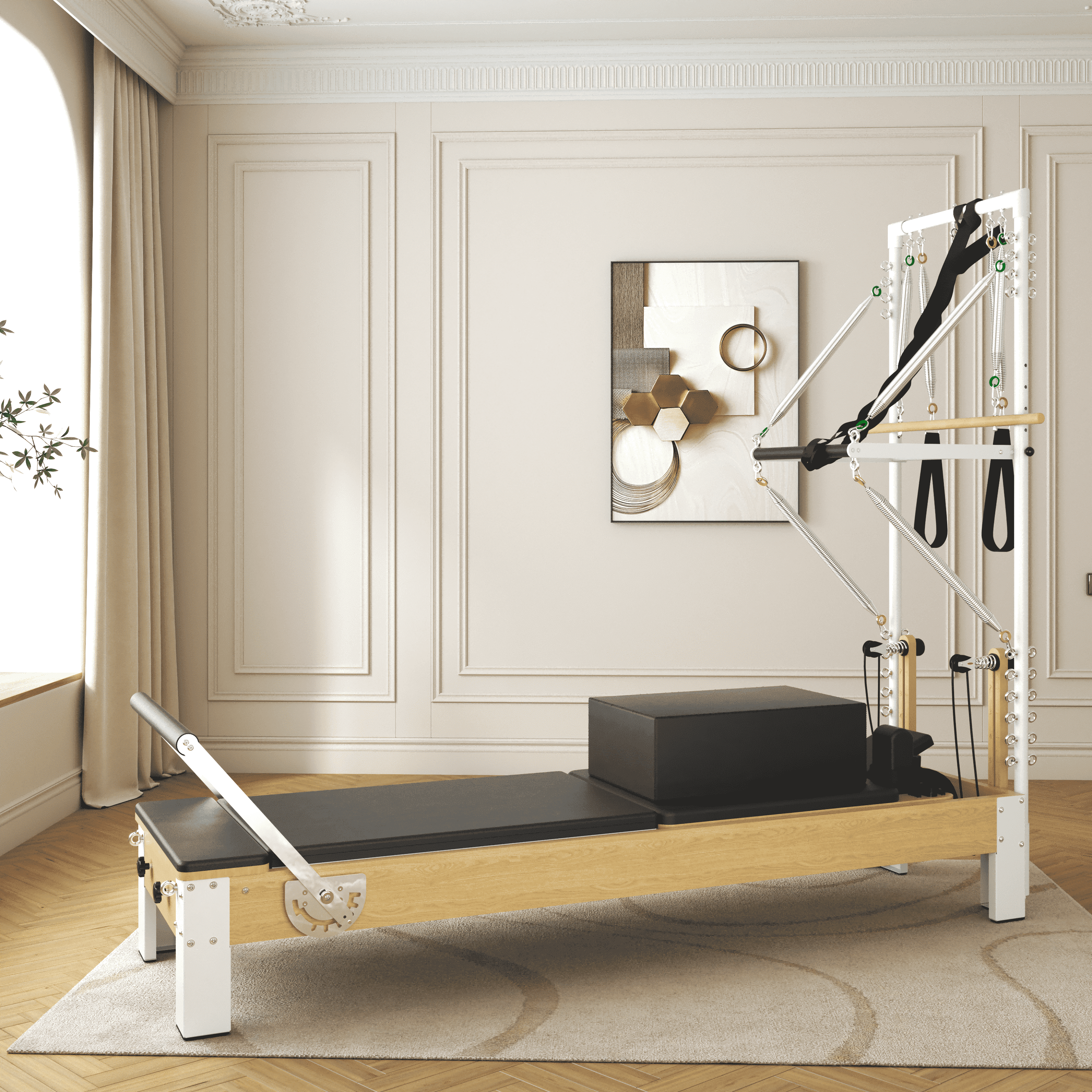 Pilates Reformer, Wooden Pilates Reformer Machine with Tower & Mat, Pilates Equipment for Home Workout and Studio, with Reformer Accessories, Sitting Box, Jump Board