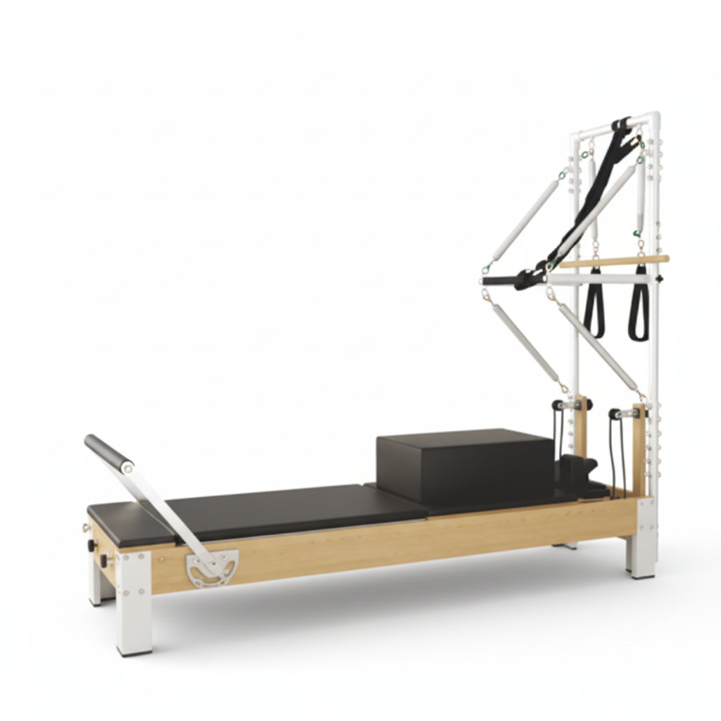 Pilates Reformer, Wooden Pilates Reformer Machine with Tower & Mat, Pilates Equipment for Home Workout and Studio, with Reformer Accessories, Sitting Box, Jump Board